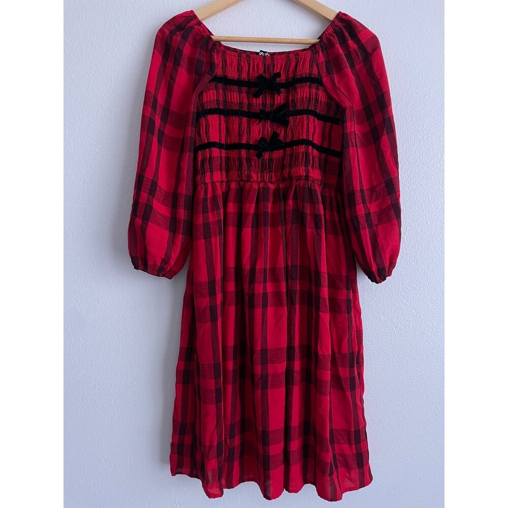 trixxi girl Women XL Red Black Plaid Smocked Bust Dress Velvet Bow Coquette Goth